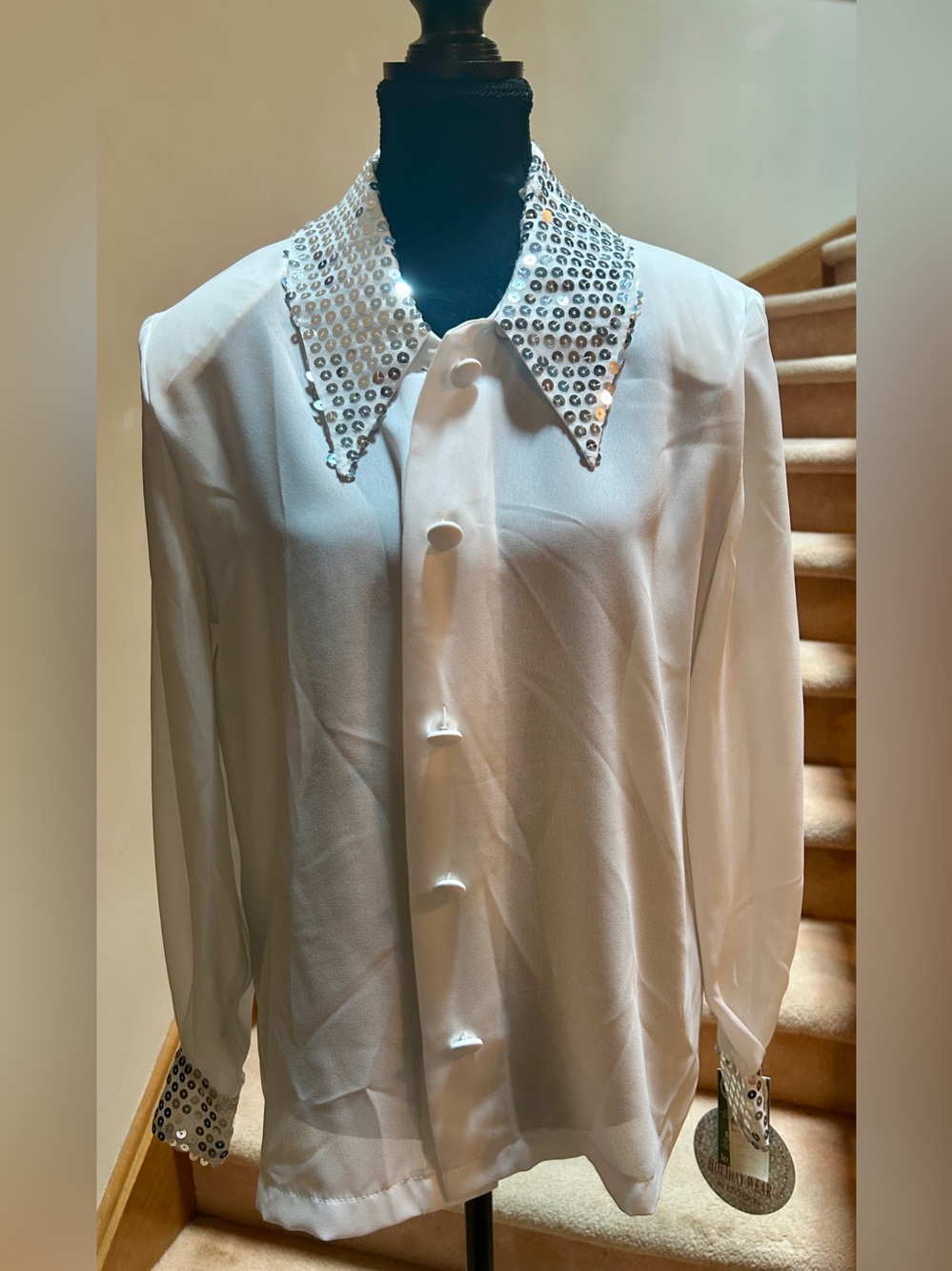 le chateau White Women's Blouse with Silver Sequin Collar/Cuffs, 1990s Vintage